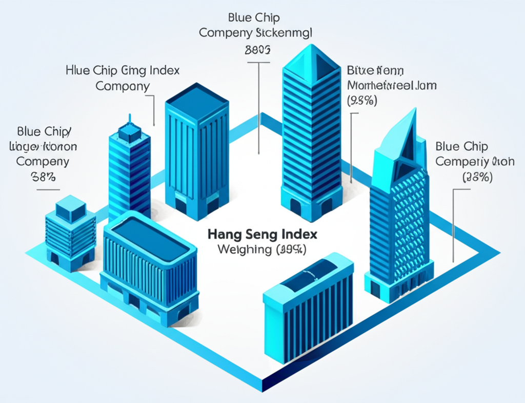 香港藍籌公司建築群,每座上方標註權重,連接至中央恆生指數抽象圖像,反映市值加權與產業多樣性