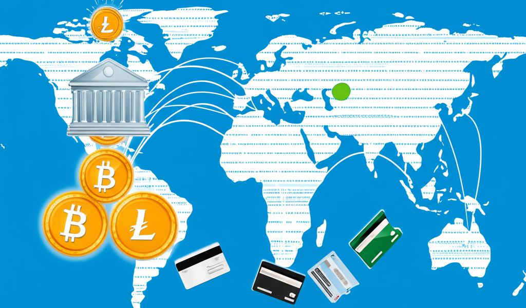 數位貨幣流入傳統銀行帳戶，風格化銀行建築與支付卡，背景全球地圖顯示區域限制