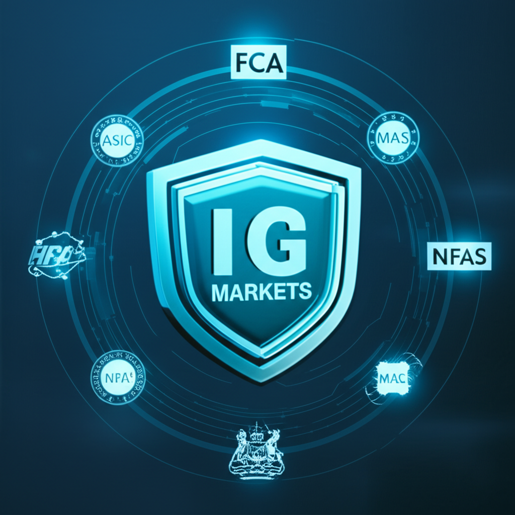 安全線上交易平台圖示，環繞 FCA、ASIC、MAS、CFTC、NFA 等監管標誌，象徵 IG Markets 的嚴格監督與先進技術