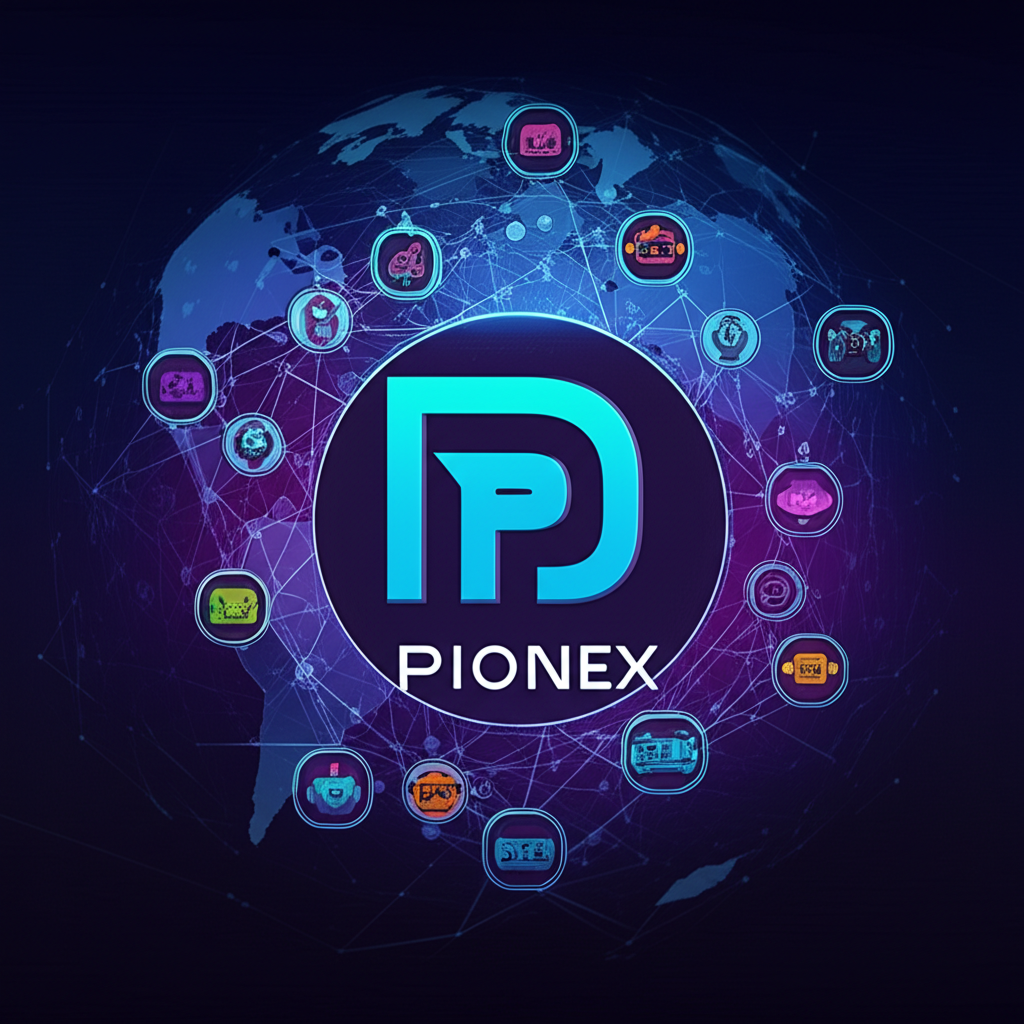 Pionex 現代加密交易所平台標誌，整合 16 種自動交易機器人角色，展示亞洲用戶全球網絡