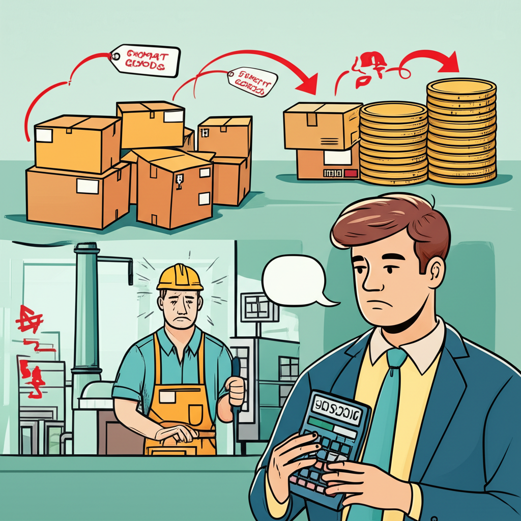 出口商品價格標籤顯示外幣價格上漲，工廠負責人面露憂愁，利潤空間被壓縮，會計人員手持計算機顯示匯兌損失