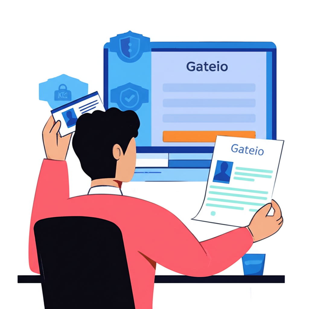 Gate.io 開戶與 KYC 驗證插圖，展示用戶手持身份證與註冊表單的電腦畫面