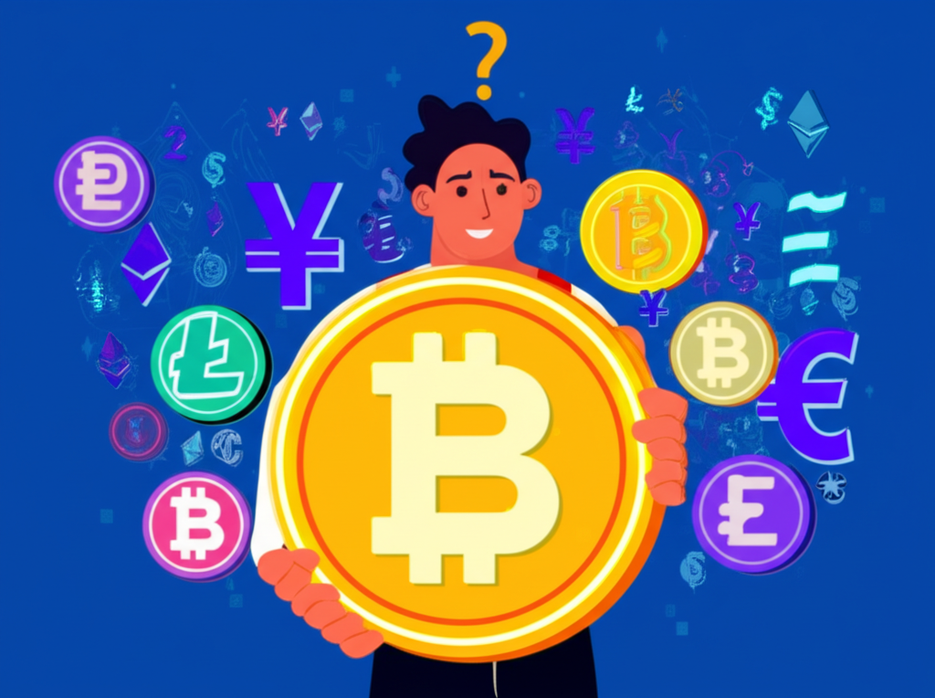 一位手持大型金色比特幣的人，周圍環繞數位貨幣符號，象徵投資與投機，頭頂飄浮問號代表日常消費的疑問