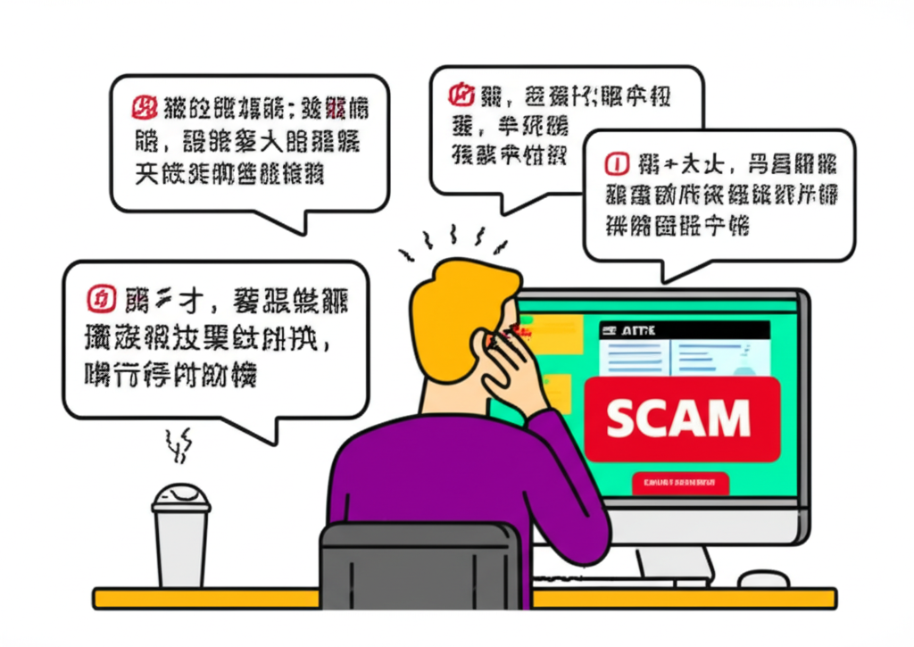 一位擔憂的投資者盯著顯示ATFX詐騙警告與出金問題的電腦螢幕，PTT使用者的對話框包圍著他，表達對資金被困的憂慮