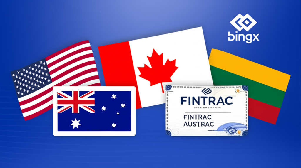 美國、加拿大、澳洲與立陶宛國旗環繞著FinCEN、FINTRAC與AUSTRAC等官方執照證書，展現BingX在全球監管上的成就